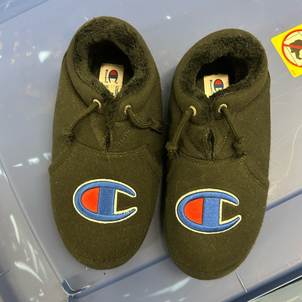 Champion Black Fleece Slippers with Blue and Red Logo